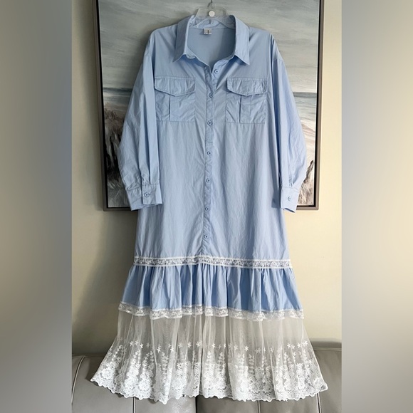 DINT Long Sleeve Dress Sz L Boho Midi Shirt Oversized Ruffle Lace Embroidery - Picture 16 of 17